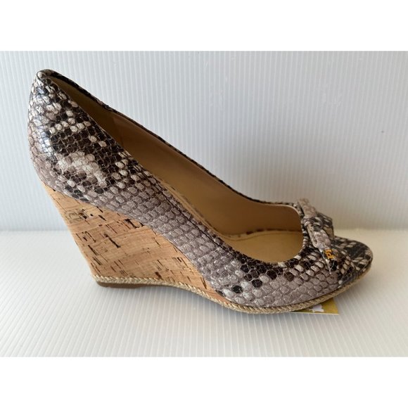 Prada Brown Leather Snakeskin Cork Wedges W/ Bows, Size 6.5 (US) 36.5 (EU) New! - Picture 1 of 11